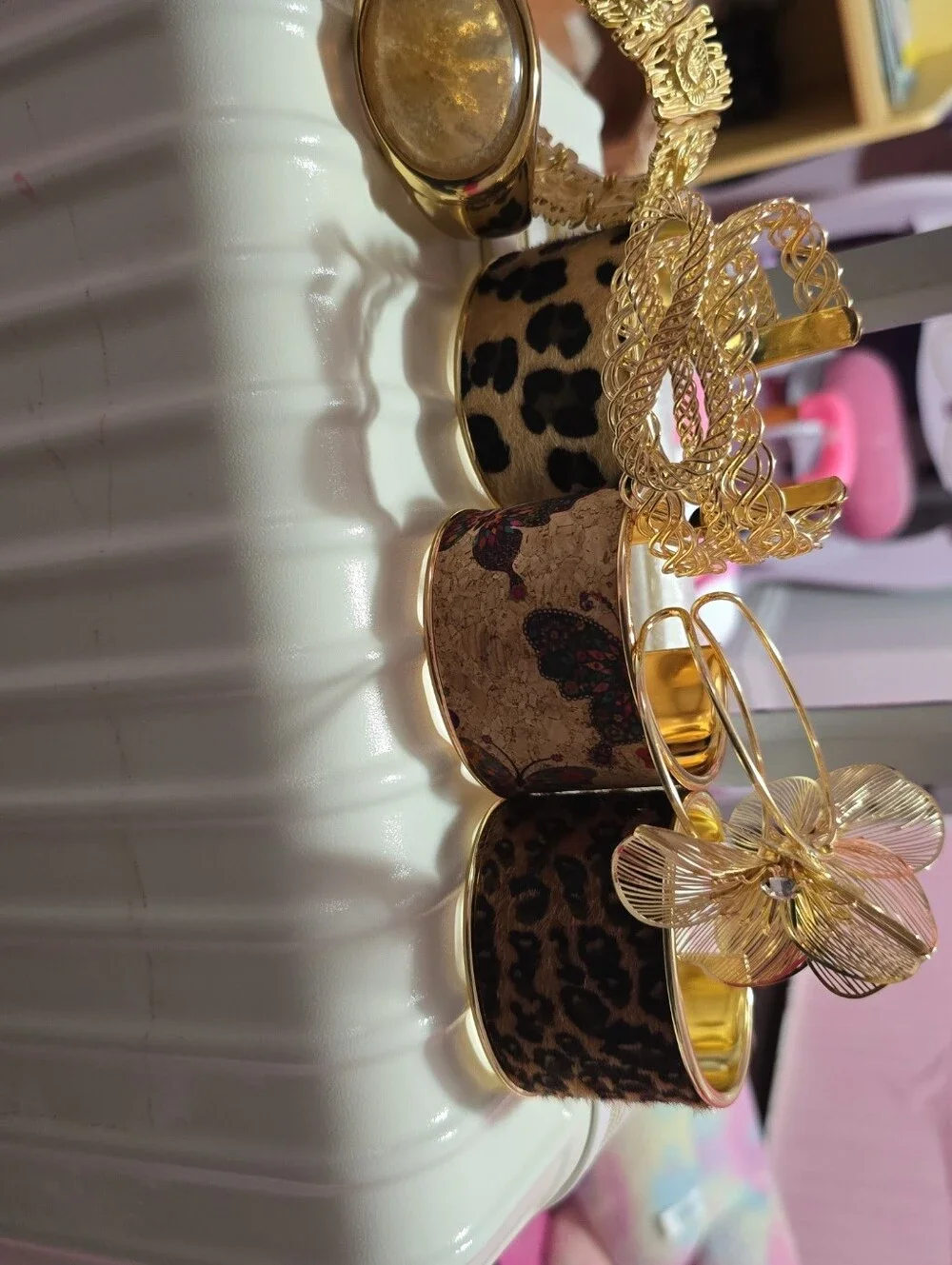 Gold and Leopard Print Women's Cuff Bracelet Set